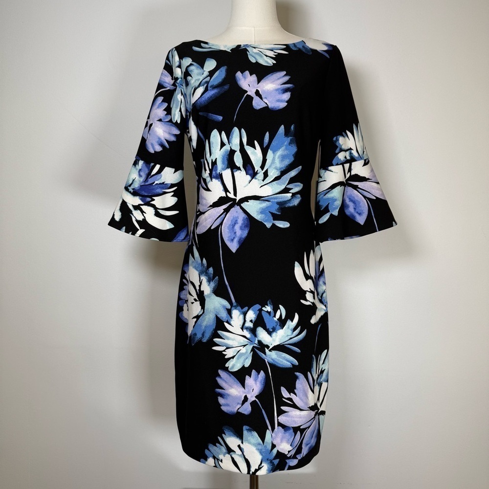 New! Vince Camuto Black Blue Purple Floral 3/4 Bell Sleeve Dress Women’s Size 4